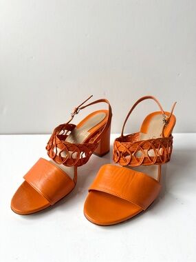 Carlo Pazolini Orange Leather Two Banded Block Heel Slingback Sandals Size 37